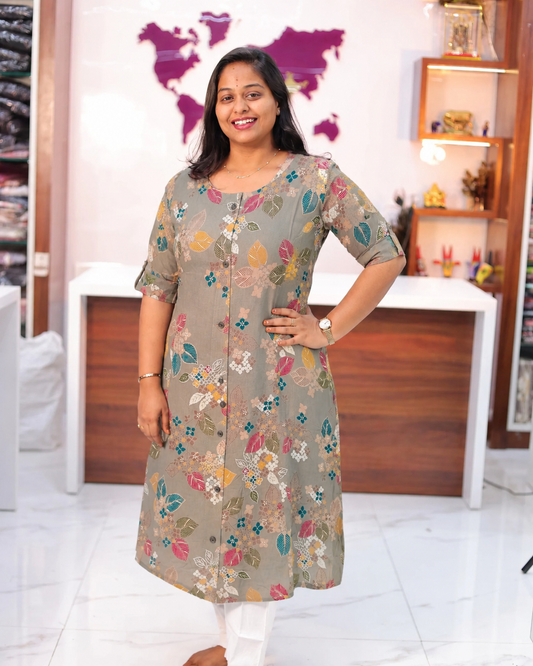 Budget Friendly Dusty Olive Grey Plus Size Aline Kurti - PSAK25