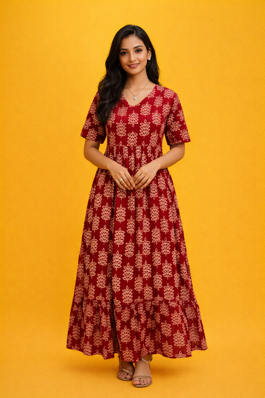 Kalamkari Cotton Puff Midi - KKMD36