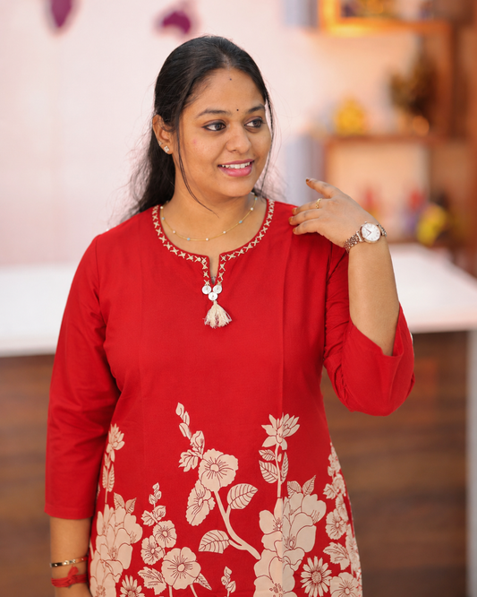 Rust Red with Ivory Floral Print Kurti - SAKT02