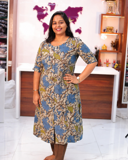Budget Friendly Rustic Blue Garden Plus Size Aline Kurti - PSAK23