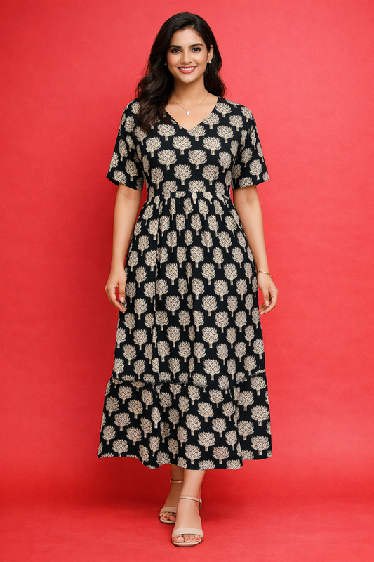 Kalamkari Cotton Puff Midi - KKMD22