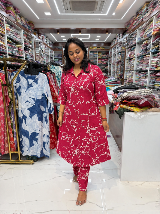 Cherry Red & White Abstract Line Art Flex Cotton Co Ord Set - JVCS05