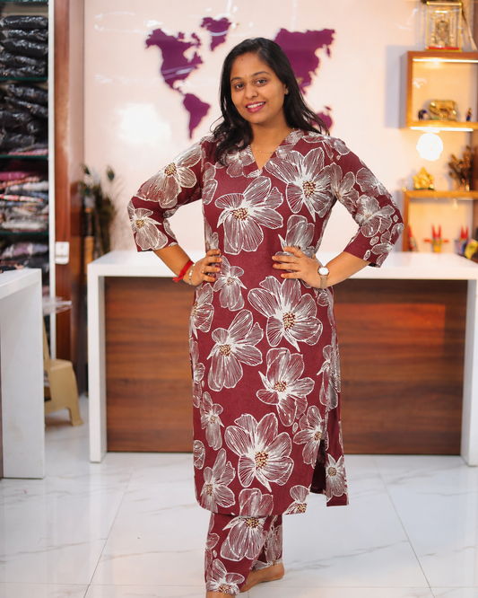 Flex Cotton Maroon Wildflower Co Ord Set - FCCS05