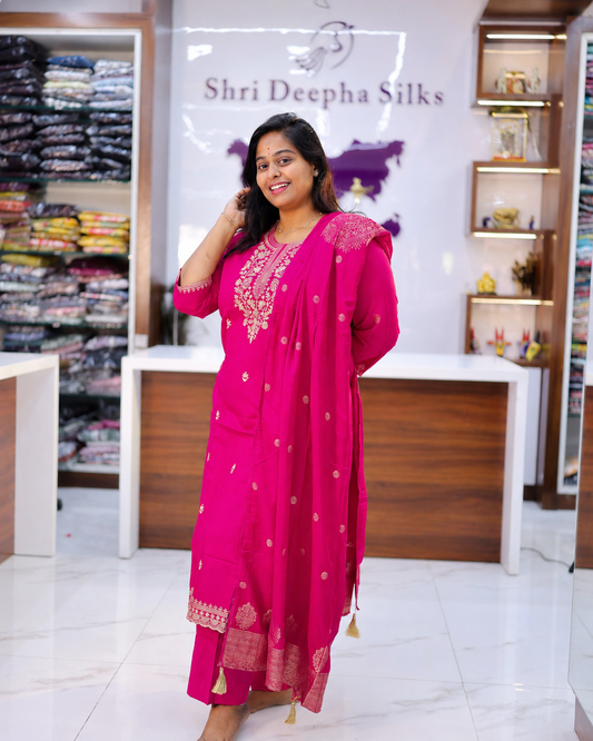 Rani Pink Elegant Embroidery Vatican Silk 3 Pcs Salwar Set - SASS01