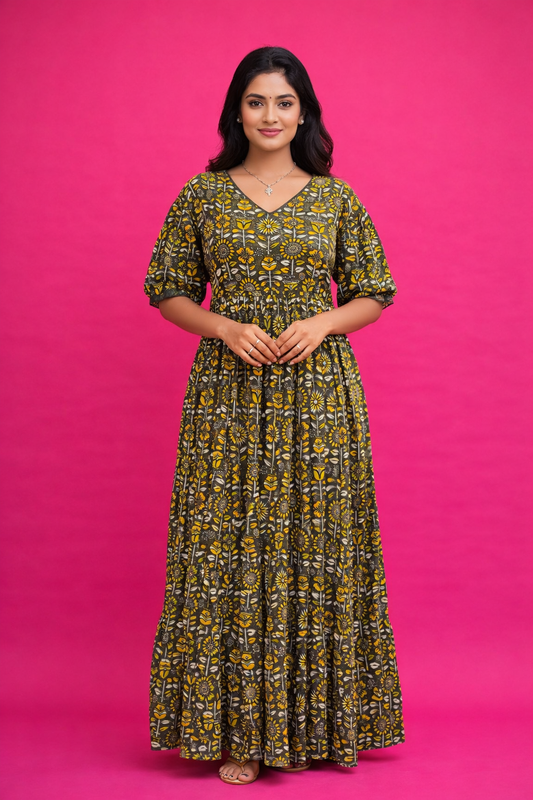 Kalamkari Cotton Puff Midi - KKMD21