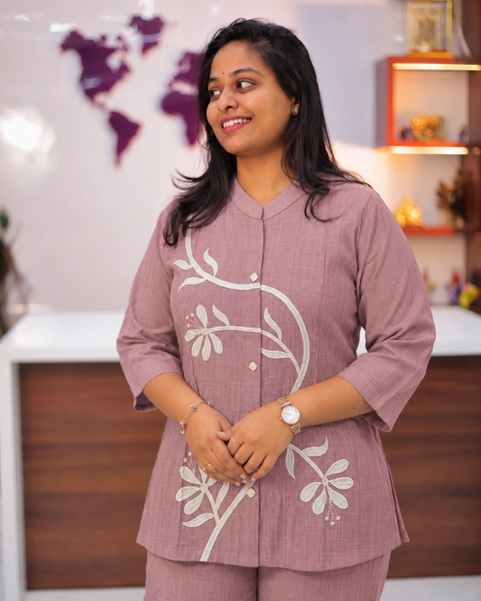 Baby Pink Floral Embroidered Short Co Ord Set - STSC02