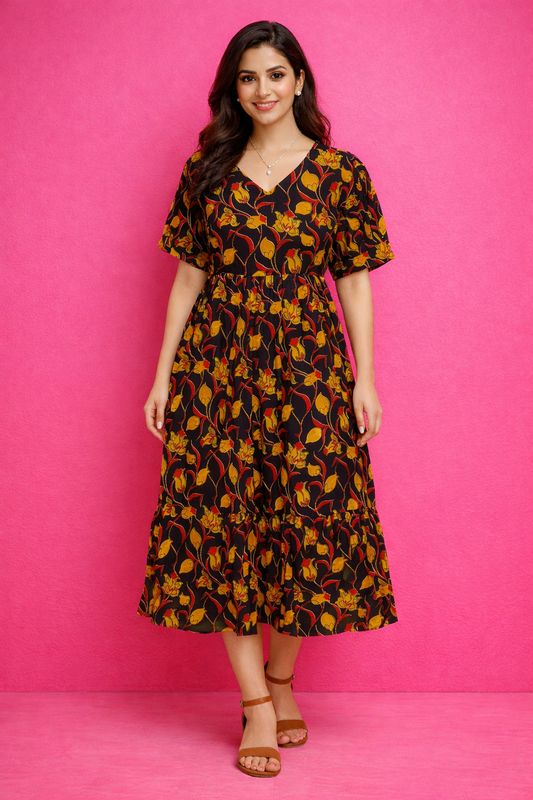 Kalamkari Cotton Puff Midi - KKMD10