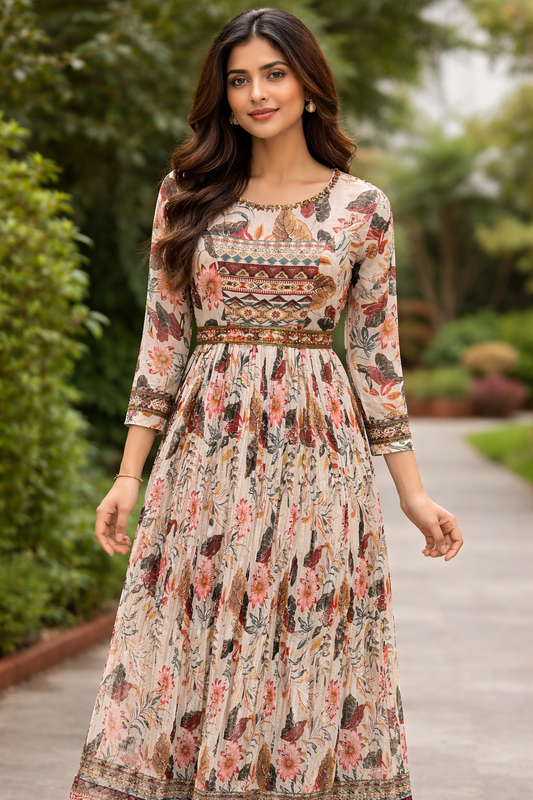 Vintage Floral Soft Cream Sequence Maxi