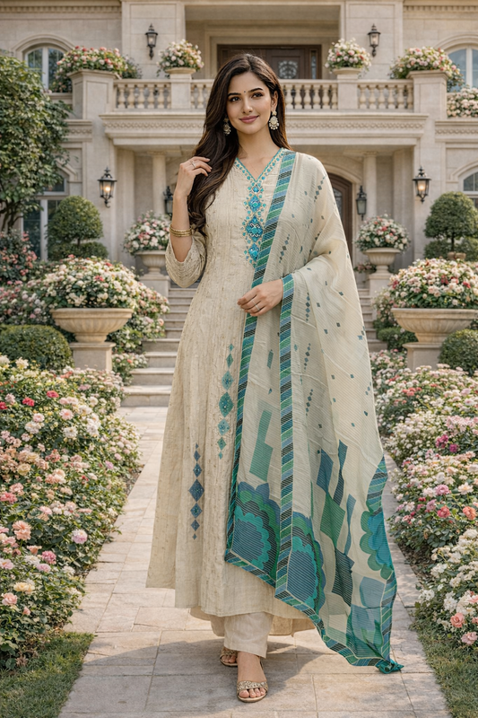 Premium Party Wear Royal Cream 3 Pcs Anarkali Set - PPAS01