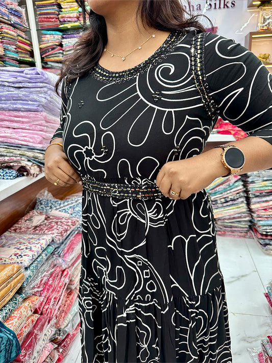 Black Spun Cotton Mirror Work Ankle Length Midi