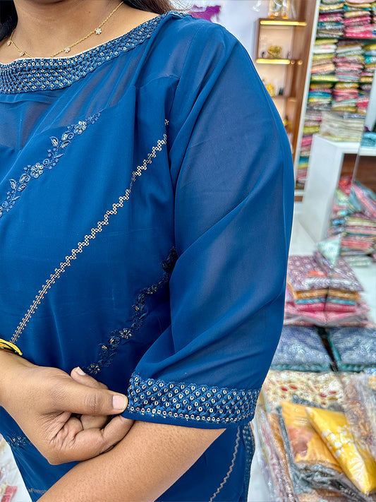 Netted Dark Blue Georgette Embroidery Kurthi