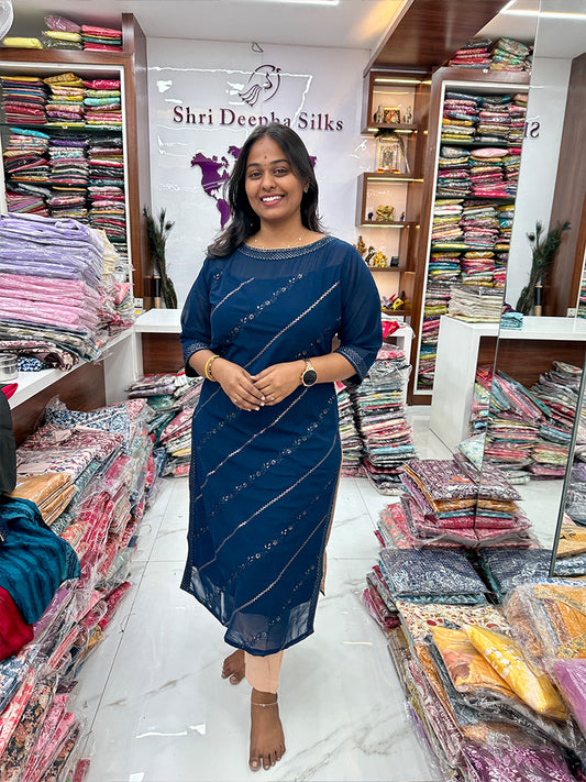 Netted Dark Blue Georgette Embroidery Kurthi