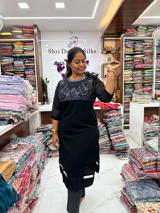 Netted Black Heavy Georgette Embroidery Kurthi