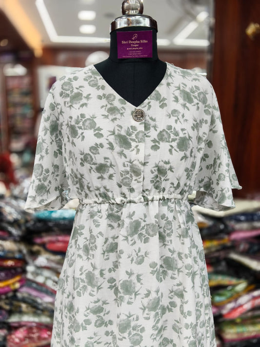 Off White Base Light Green Flowers Western Midi - WM22