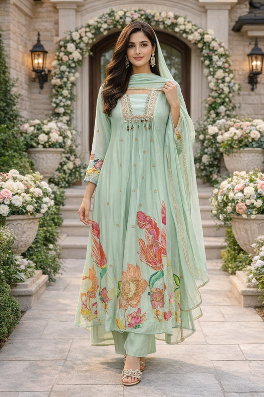 Premium Party Wear Digital Print Embroidery Anarkali Set - PPAS04