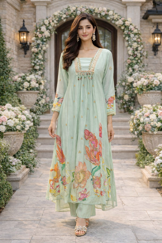 Premium Party Wear Digital Print Embroidery Anarkali Set - PPAS04